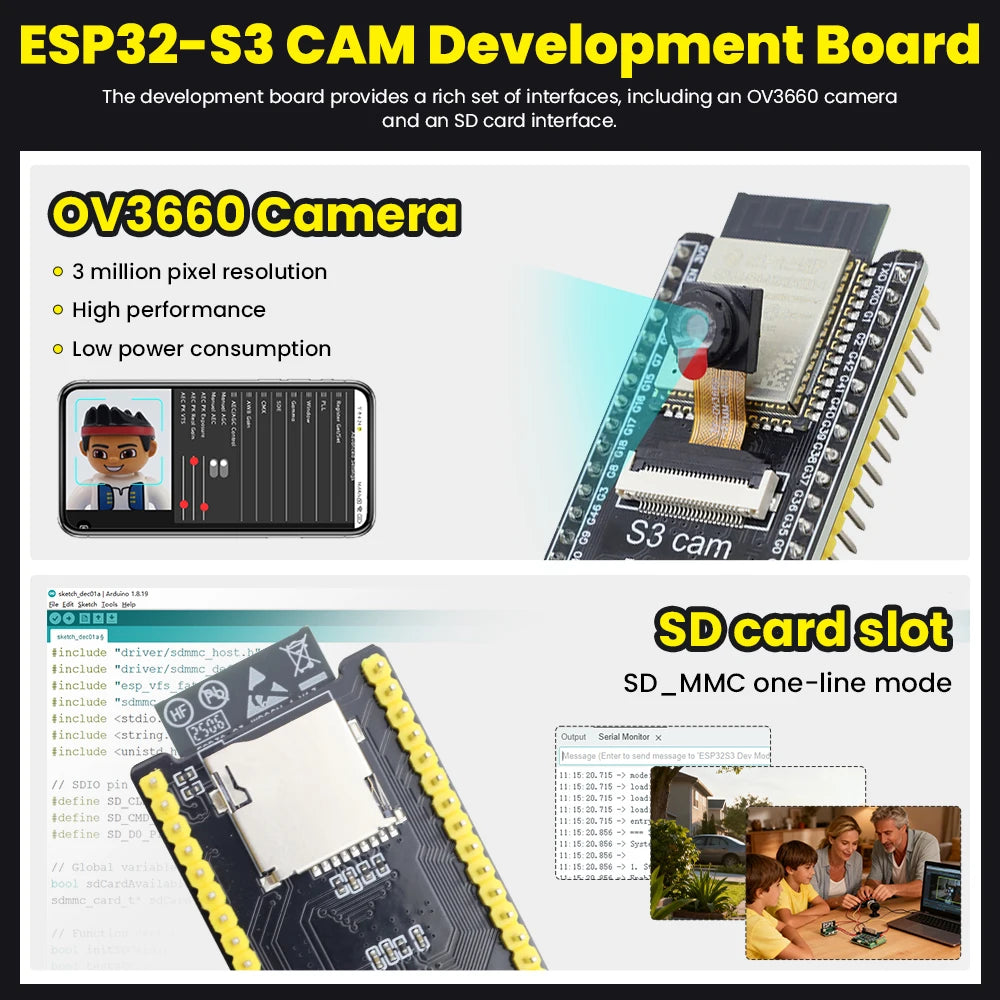 1 Set ESP32-S3 CAM Development Board N16R8+Type C USB Cable with ESP32 S3 Cam Sensor Shield for Arduino ESP32 S3 IDE Programming