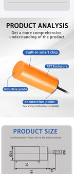 M34 Capacitive Proximity Sensor NPN PNP NO NC 20mm Detection Distance Feed Sensor Without Thread DC10-30V Proximity Switch