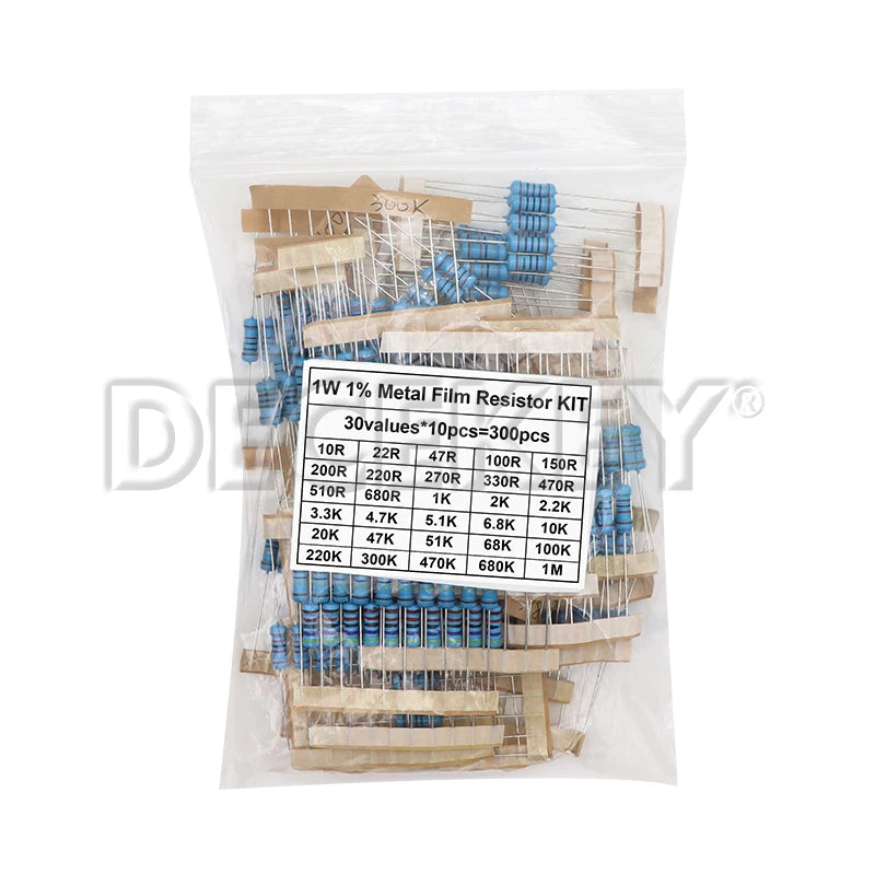 300PCS 10R - 1M Ohm 30Kinds*10pcs=300PCS 1/4W 1/2W 1W Resistance Set 1% Metal Film Resistor Assortment Kit
