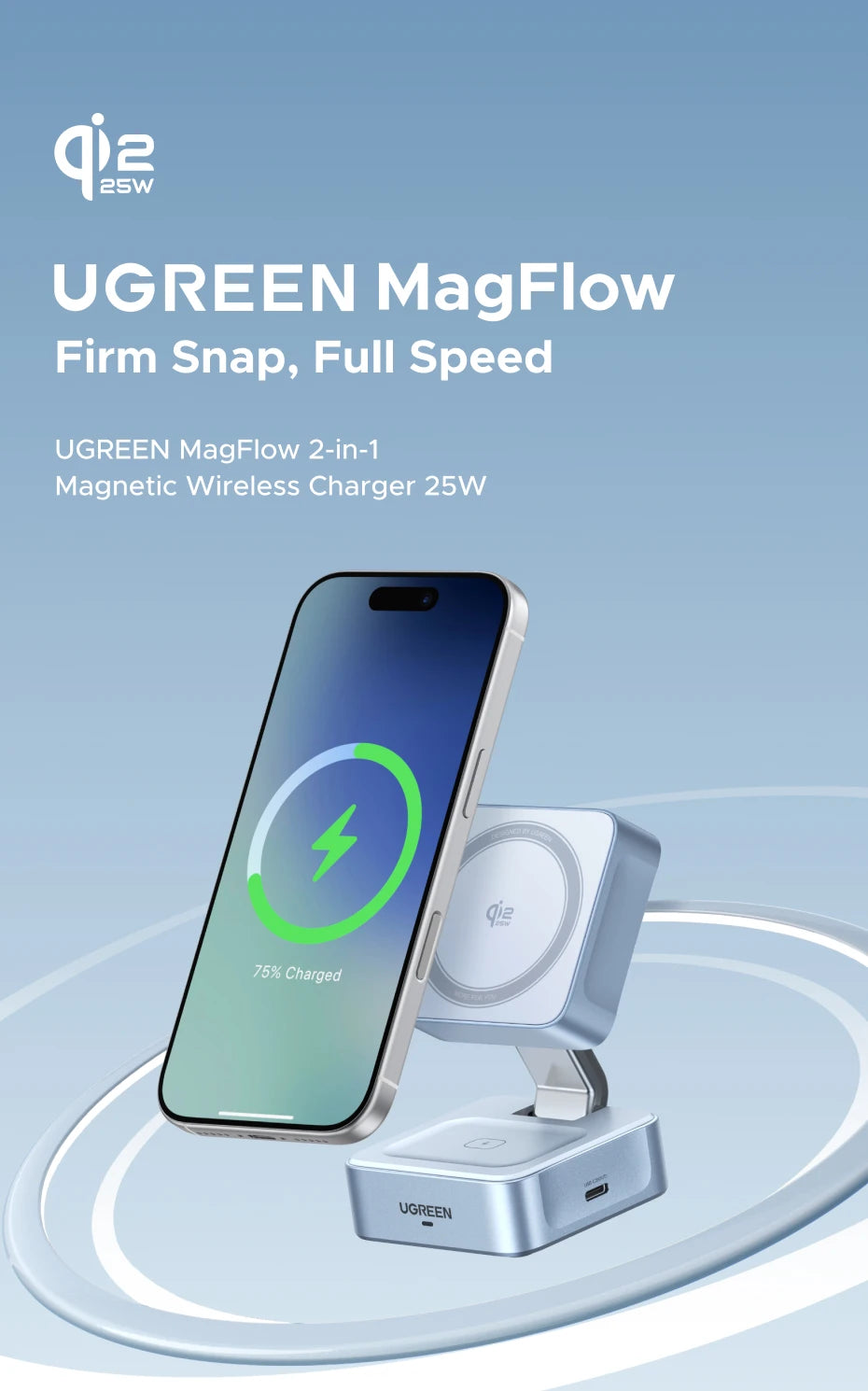 UGREEN Qi2.2 25W 15W 2-in-1 Magnetic Wireless Charger Stand Fast Charging Stand Charger For iPhone 16 17/AirPods Magflow Charger