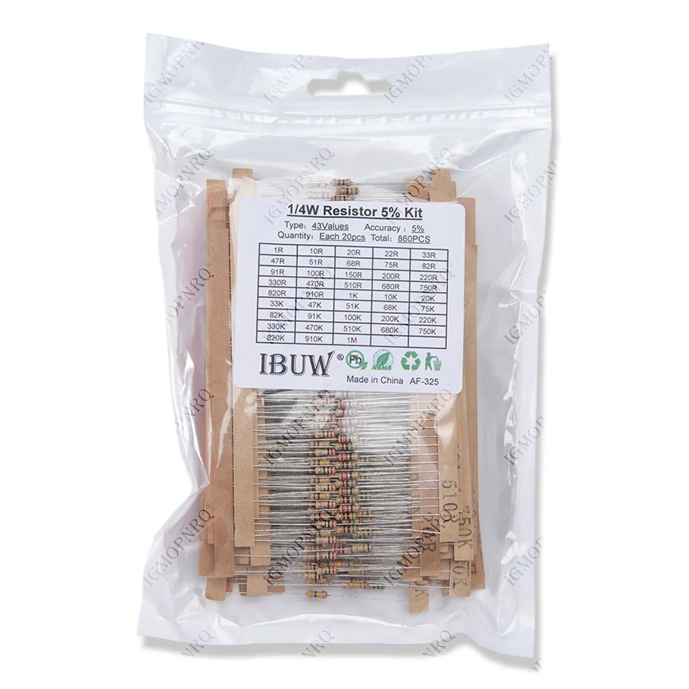860pcs/lot Carbon Film Resistor Kit 1/4W 5% resistors assorted kit set 43values*20pcs Resistance 1R - 1M Ohm 0.25W resistor pack