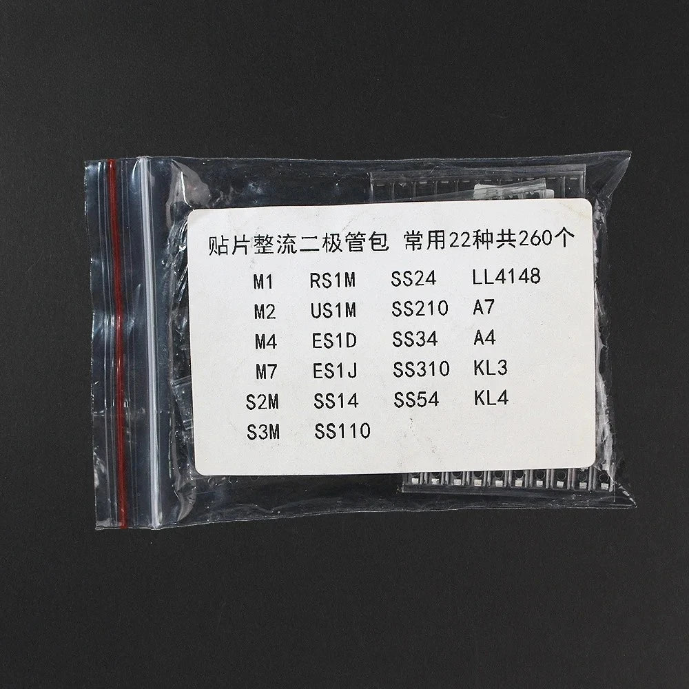 260pcs/lot SMD Diode Assorted Kit M1 M4 M7 RS1M SS14 SS24 RS1M US1M SS34 SS54 BAT54C BAT54S LL4148 22values Zener Diodes Set