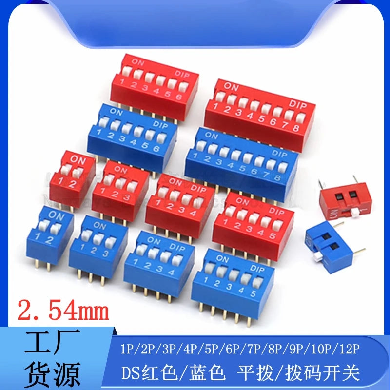 10PCS Red/Blue Toggle Switch Spacing 2.54MM DIP Dial The Code Switch 1P 2 3 4 5 6 7 8 9 10 12 PIN Quick Switch