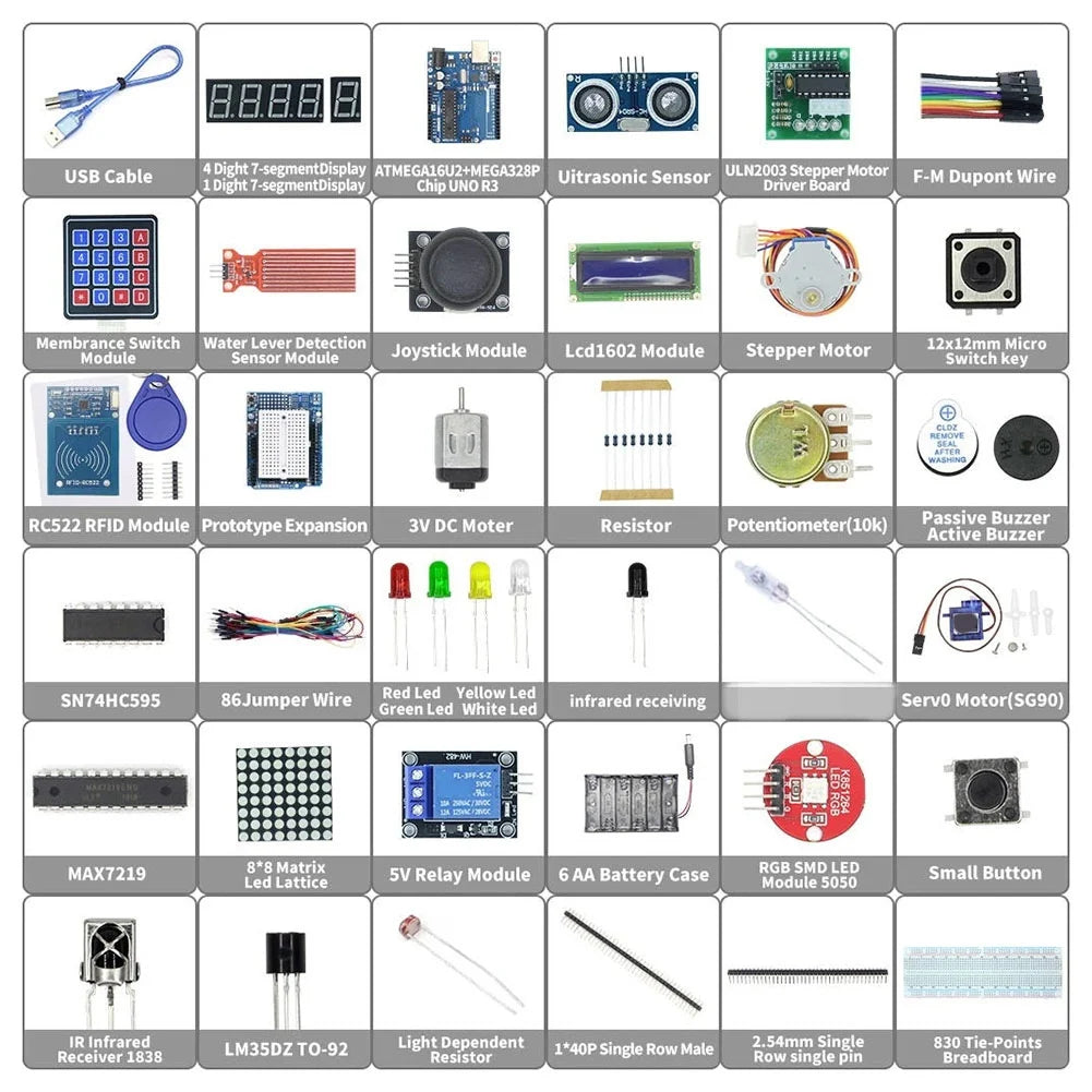 【HOT-PRICE!】Starter Kit For Arduino Uno R3 Uno R3 Breadboard And Holder Kit Step Motor / Servo Kit 1602 LCD Kit Jumper Wire Kit