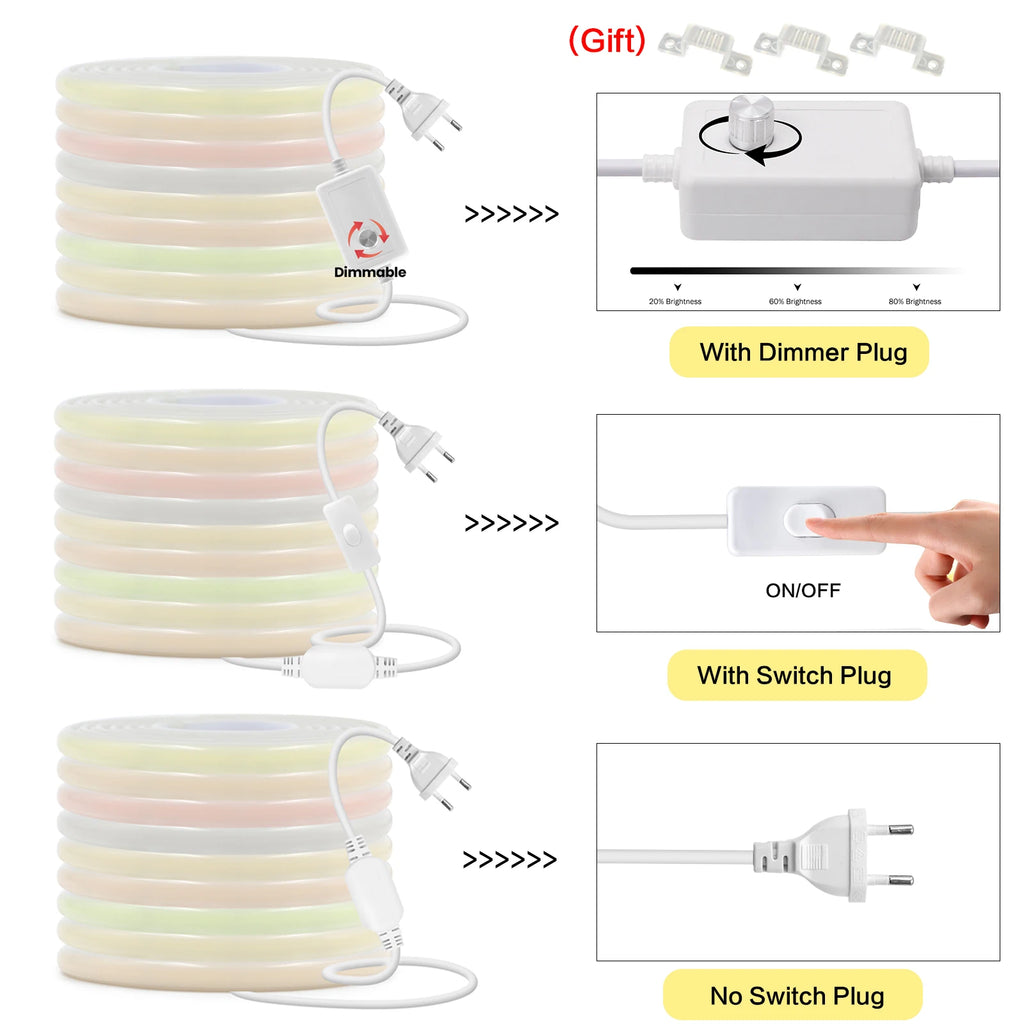 220V COB LED Strip Light With Switch/Dimmer Plug Super Bright 288LEDs/M IP65 3000K 4000K 6000K High Quality Indoor Outdoor Decor