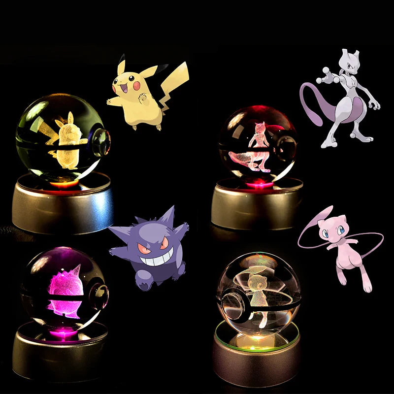 Pokemon Crystal Ball 3D Mewtwo Pikachu Gengar Pokeball 3D Night Light Lamp Glass Statue Pokemon Crystal Ball Birthday Gift