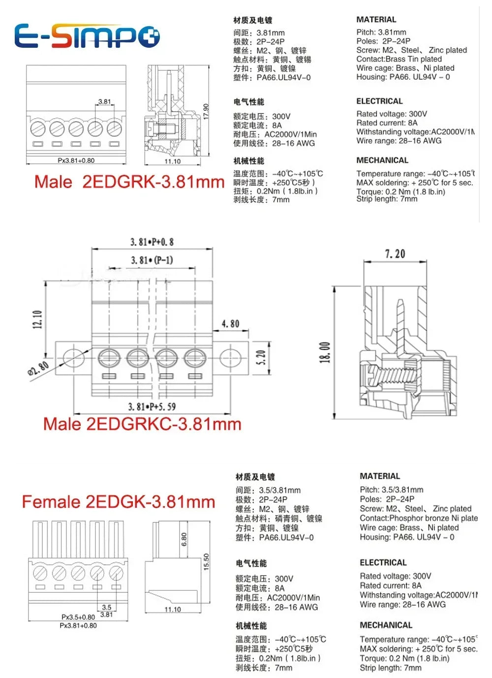 5Pairs 2EDGRK 15EDGRK-3.5mm 3.81mm 2-24P Right Angle Screw Plug Male+Female Socket 28-16AWG Wire Screw Terminal Block Connector