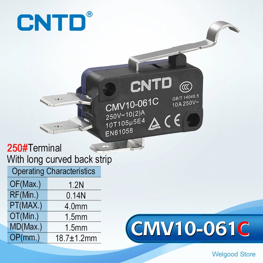 5pcs CNTD CMV10-061C/061C2 Mini Snap Action Micro Switch 10A 250V AC SPDT 1NO1NC Long Curved Lever Limit Switch 300K 3D Printer