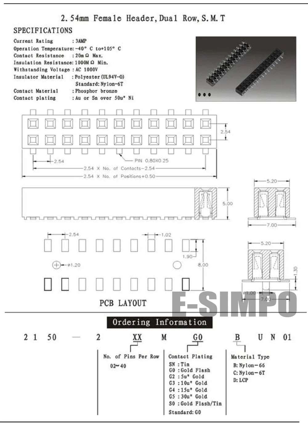50pcs 2.54mm SMT 2*3P/4/5/6/8/10/12/15/20/40Pin Dual Double Row Horizontal SMD Gold Rohs Reflow PH8.5 Female Pin Header Socket