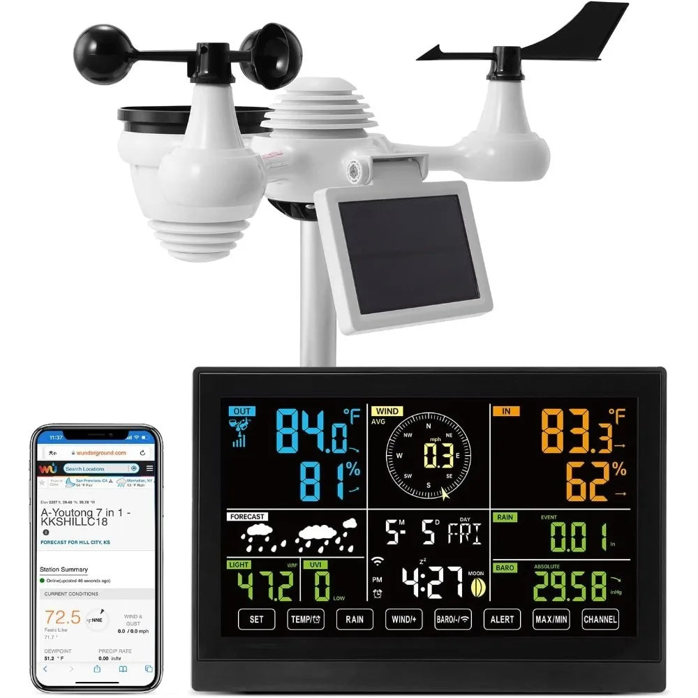 WiFi Weather Station 7-in-1 Indoor Outdoor with 7.5 Inch Color Display Weather Forecast Temperature Humidity UV Air Pressure