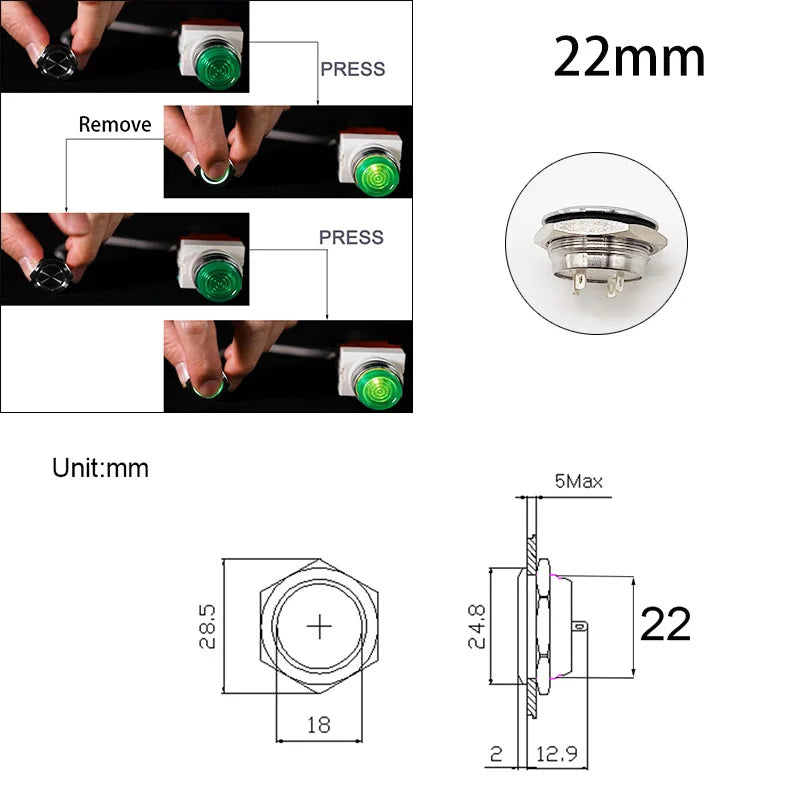 Mini Push Button Switch 12/16/19/22/25/30mm Electric Waterproof Power 12v Led Light Momentary Short Pressure Latching Fix On Off