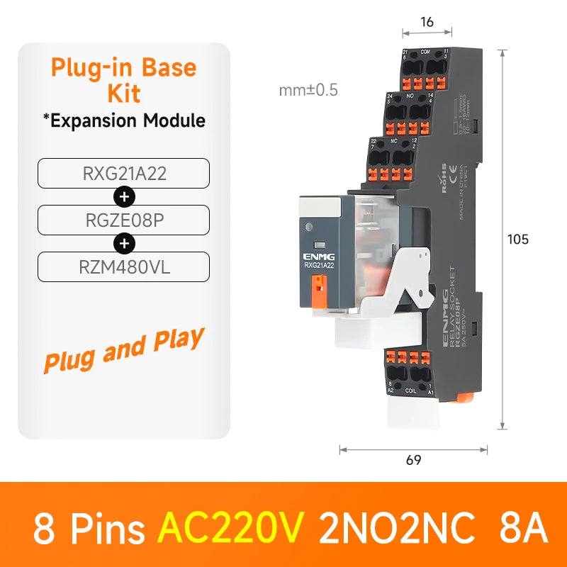 ENMG RXG Slim Power Relay 12A 24VDC/220VAC Coil, DIN Rail Mount Industrial Relay for PLC Control System
