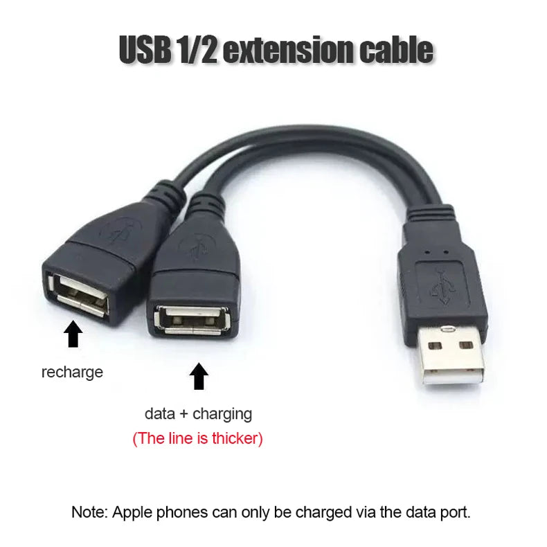 USB 1/2 to 1 Male/2 Female Three Head Data Cable 2-in-1 Dual Female Port Car Charging Extension Data Cable