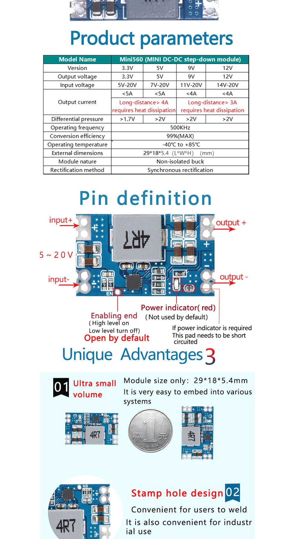 3A 5A 8A DC-DC Buck Step-down Power Supply Module 5V-12V 24V to 5V 3.3V 9V 12V Fixed Output High-Current MINI560
