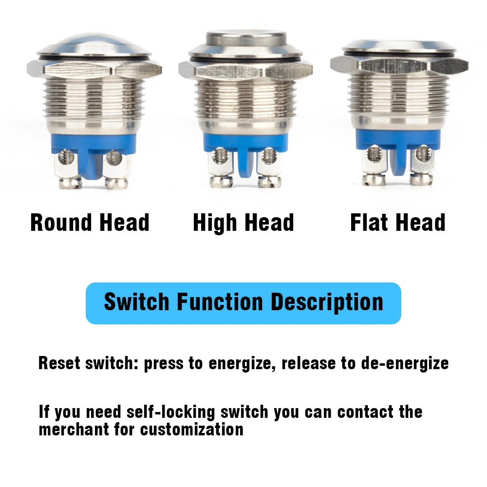 16/19mm 1NO 1NC Flat Head Waterproof Momentary Reset Metal Push Button Switch Screw Terminal Car Engine Doorbell PC Power Switch