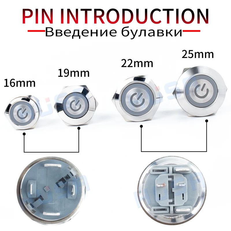15A 16/19/22/25mm Waterproof Metal Push Button Switch LED Light Momentary Latching Car Engine Power Switch 3~220V silver1NO
