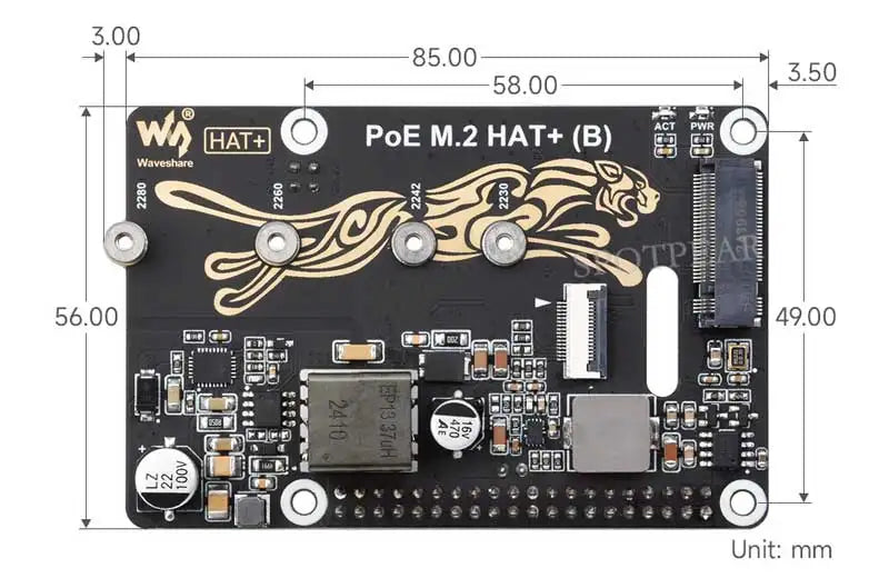 Raspberry Pi 5 PoE Power And PCIe M.2 NVMe SSD HAT PLUS (B) 2230/2242/2260/2280 For PI5