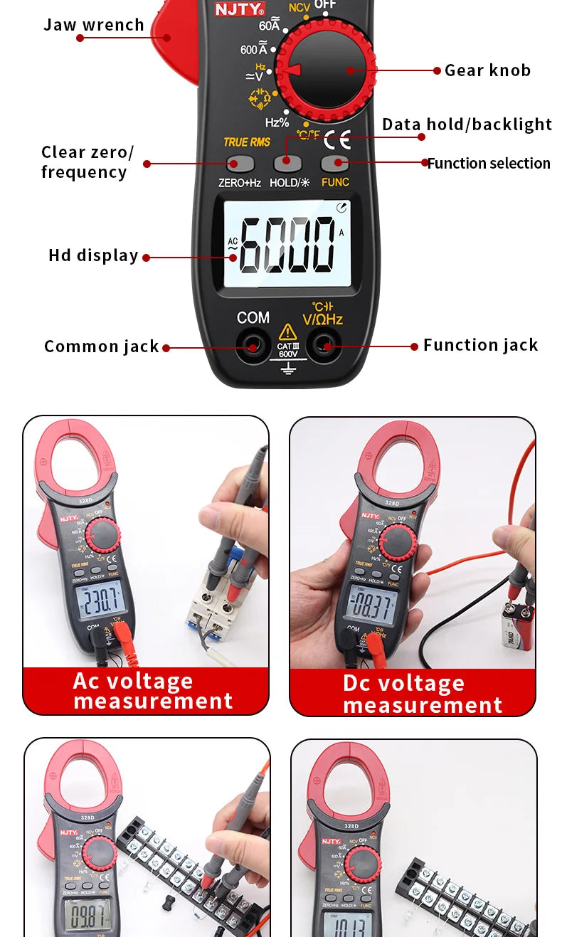 Digital Clamp Meter DC/AC Volt Amp Ohm Diode Multimeter Ammeter Multitester Current Voltage Resistance Tester NCV NJTY 3266TA