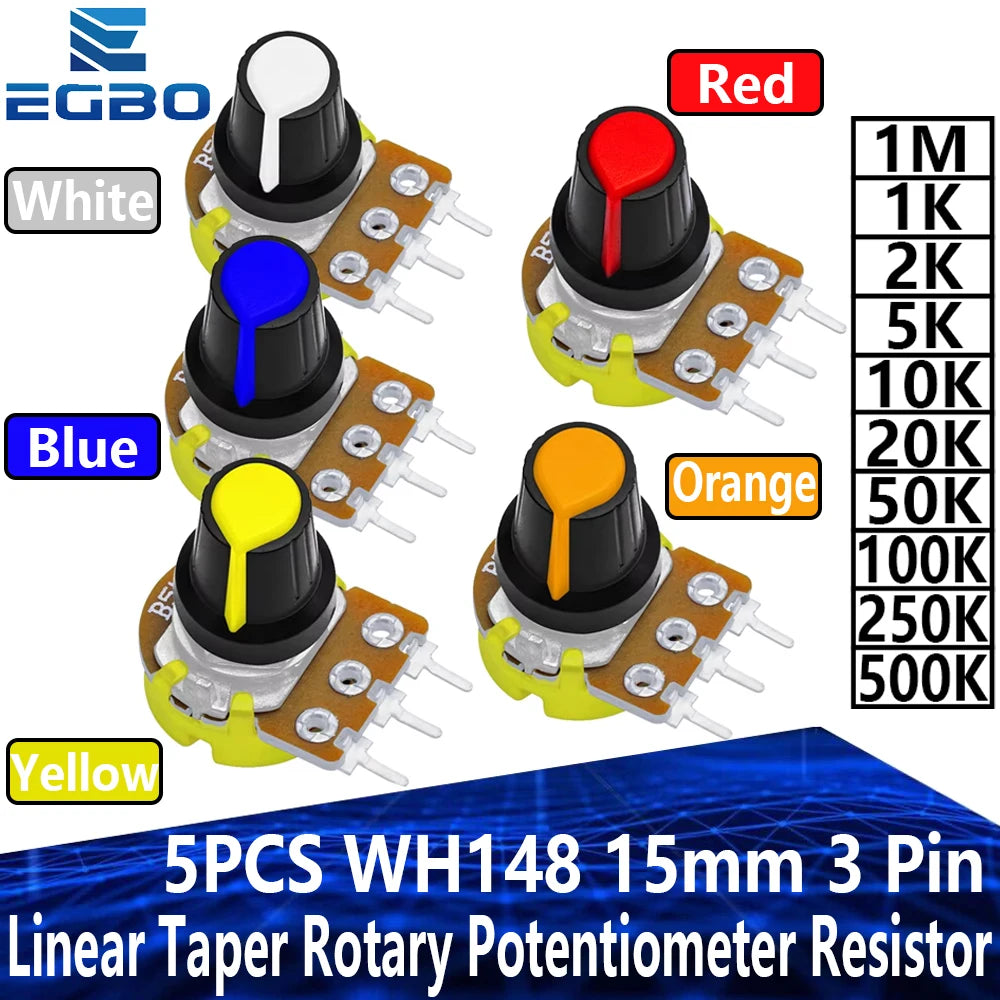 5PCS WH148 1K 5K 10K 20K 50K 100K 500K Ohm 15mm 3 Pin Linear Taper Rotary Potentiometer Resistor for Arduino with AG2 White Cap