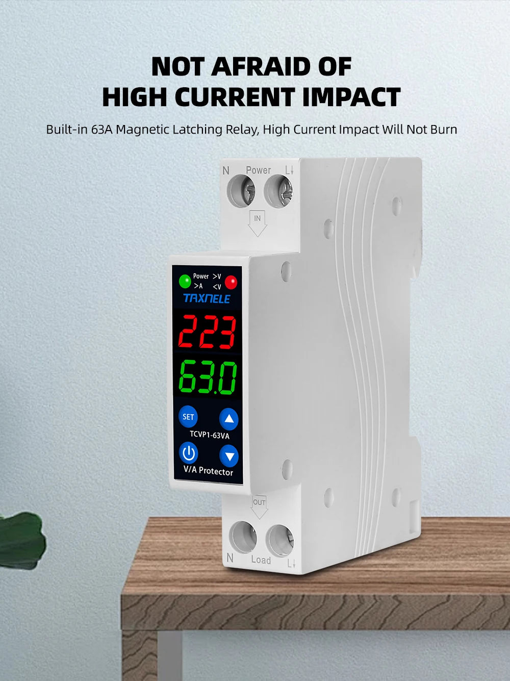 18MM 1P+N 63A 230V Dual Display Adjustable Digital Over Under Voltage Relay Surge Protector Limit Over Current Protection