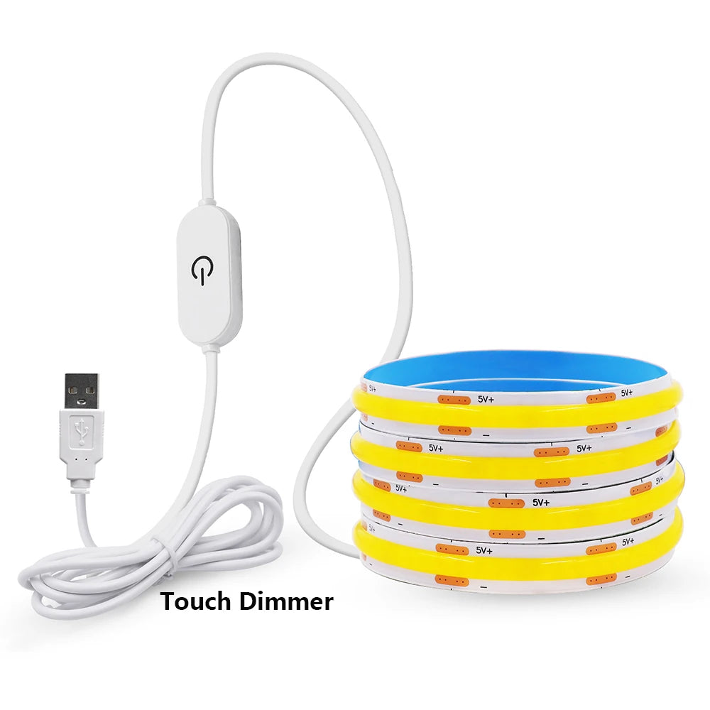 DC 5V COB LED Strip Light With USB 2PIN Wire DC Plug 8MM 320LED High Density Flexible Tape 3000K 4000K 6000K Warm Natural White