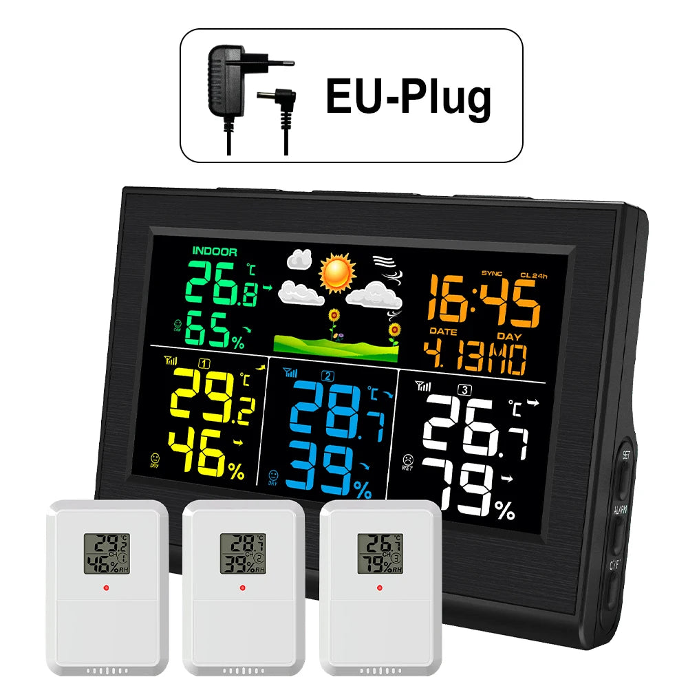 Wireless Weather Station with 3 Sensors 8 Channels 100m Range Indoor/Outdoor Thermometer Hygrometer Alarm Clock for Home Office