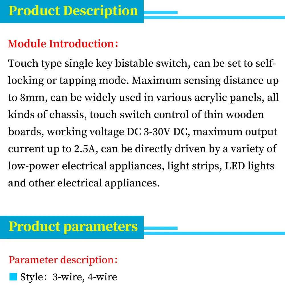 DC3V-30V Touch Key Switch Sensing Module Bistable Light Touch Switch Jog/Latch For LED light band
