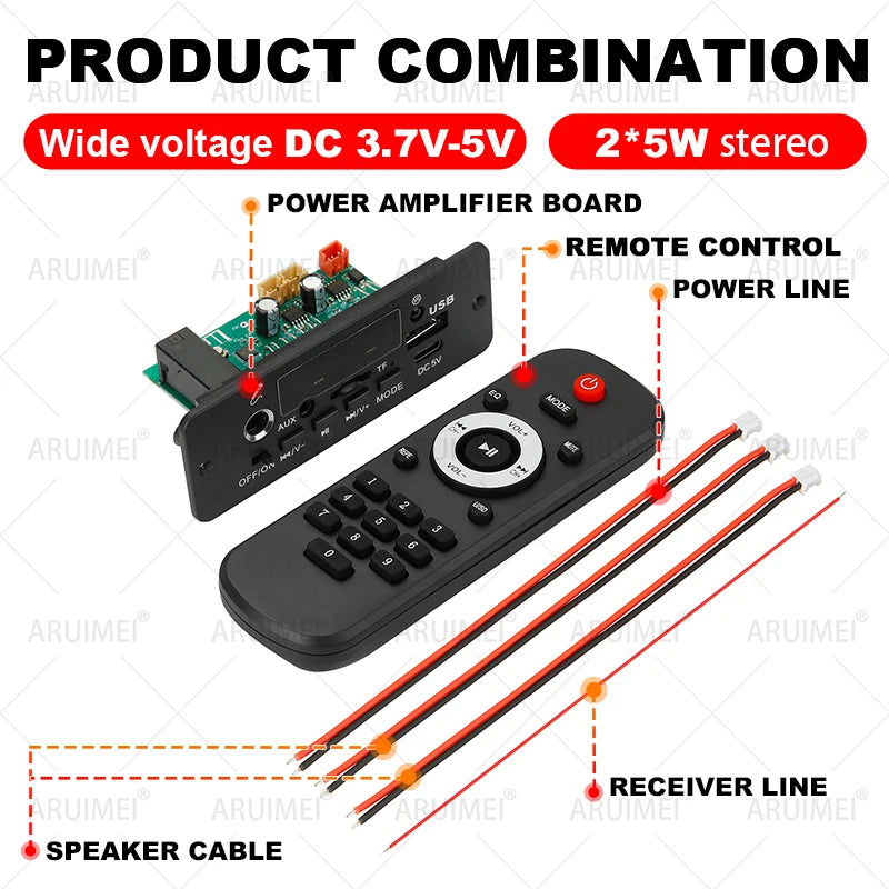 ARUIMEI 10W Digital Amplifier MP3 Decoder Board DC 5V Bluetooth 5.0 FM Support Microphone Car MP3 Player with Remote Controller