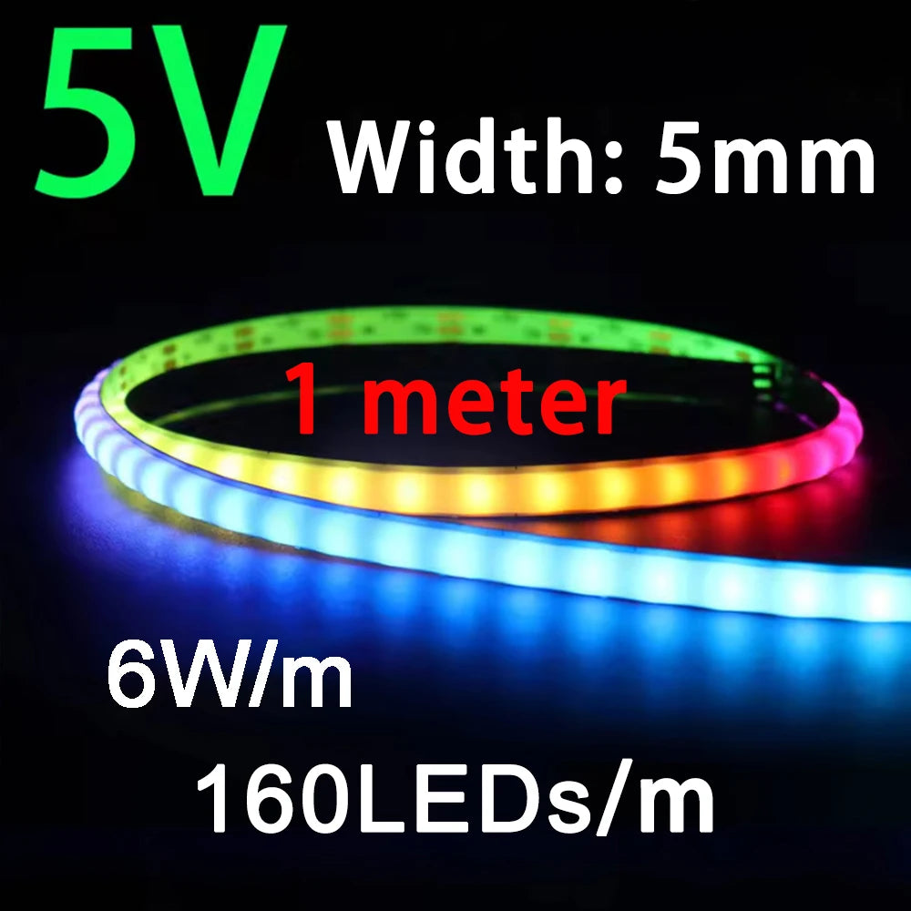 WS2812B COB LED Strip Lights DC5V 5mm Full Color SPI RGB-IC 100/160LEDs Individually Addressable Smart Pixels Tape Light