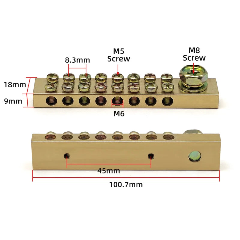 Terminal Block 10*18mm 8/10/12/16/20/24/30/40/50 Way One In Multiple Out High Current Double Neutral Ground Connector Brass Bar
