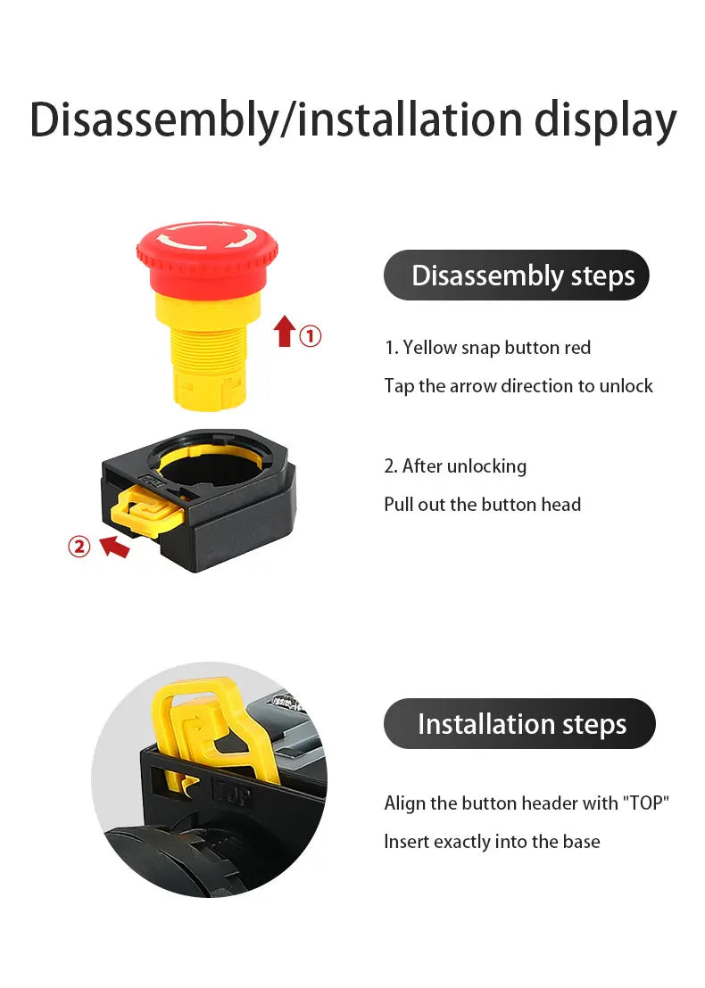 LA38 Emergency Stop 10A Self-locking Rotary Reset Latching Head Power Switch Mushroom Push Button Switch 22mm 1 NO I NC 2NC