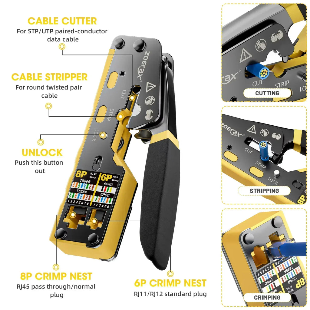ZoeRax Pass Through RJ45 Crimp Kit Cat5e/Cat6 Crimper with 10PCS 8P8C Cat5e/Cat6 Connectors POE LAN Tester for RJ45 RJ11 Wiring