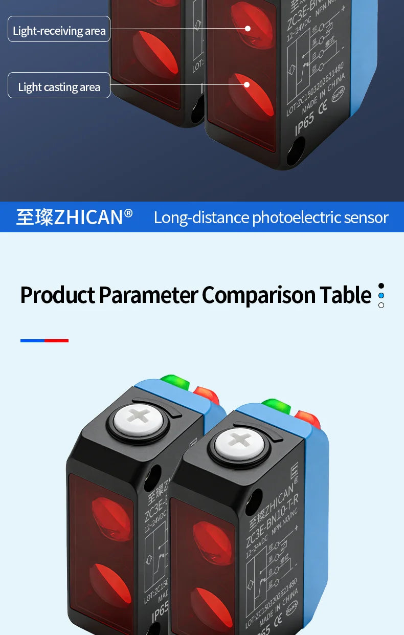 ZHICAN ZC3E Long Range Photoelectric Sensor 2m Diffuse Reflective Switch NPN NO 24V DC Object Detection