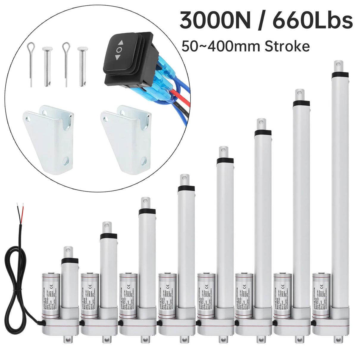 12V Electric Linear Actuator 50/100/150/200/250/300/350/400mm Stroke 3000N Electric Reciprocating Lifting Linear Motion Actuator