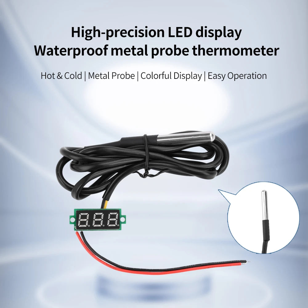 DC4-28V 0.28-inch Mini Two-Line Digital Thermometer Tester LED Display DS18B20 Waterproof Metal Probe -50 ℃~125 ℃