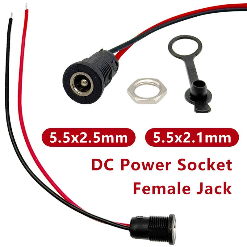 5.5*2.1mm/5.5*2.5mm 10A High Current DC Power Socket DIY Waterproof Connector with Nut Snap / 15cm Wire / Waterproof Cap
