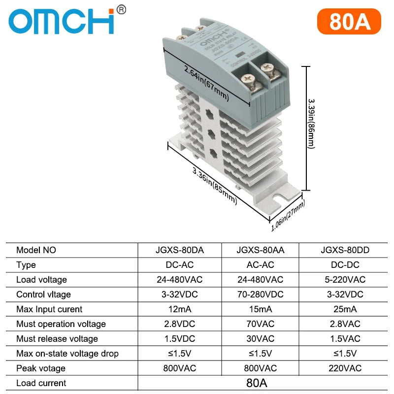 OMCH DIN Rail Solid State Relay SSR With Heatsink 10A 25A 40A 60A 80A 100A 120A DC-AC DC-DC AC-AC Single Phase Control