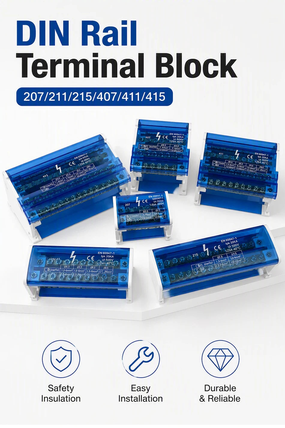 WKH-207/211/215/407/411/415 DIN Rail Distribution Block Multiple Input Output Screw Terminal Electrical Power Junction Box