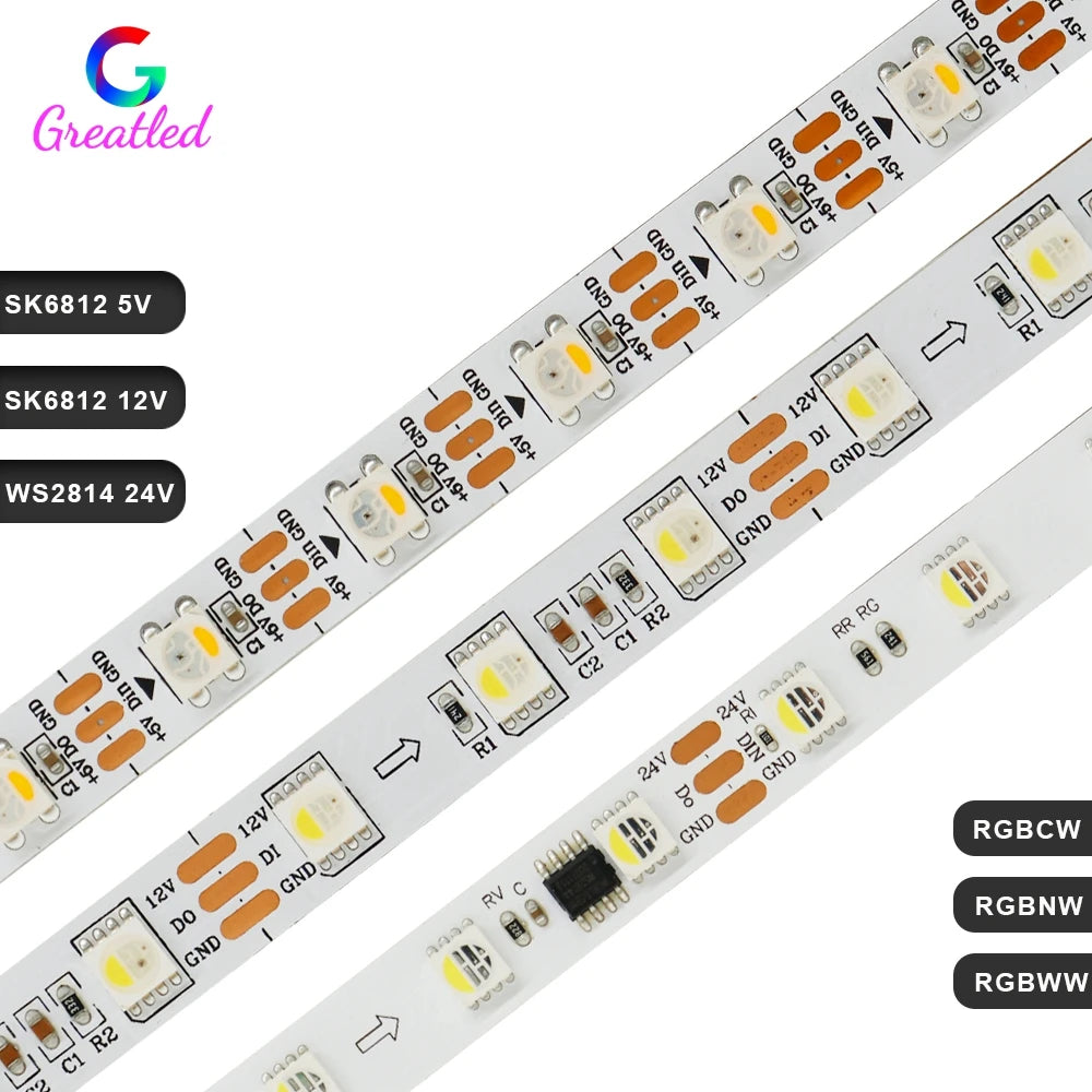 SK6812 WS2814 Led Strip 5050SMD 4 IN 1 60Leds/Pixels/M Individual Addressable Strip RGBW NW WW IP30/65/67 DC5V 12V 24V