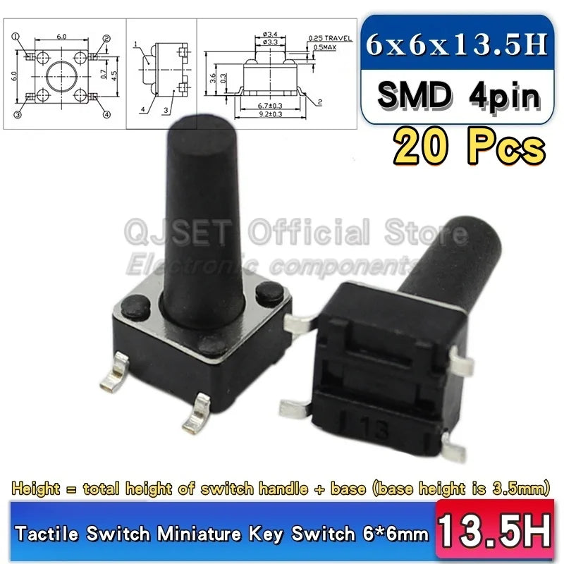 20pcs SMD Tactile Switch 6*6*4.3mm 6x6x5/6/7/8/9/10/11/12/13/14mm 6X6 4-Pin SMT Induction Oven Touch Tactile Button Micro Switch