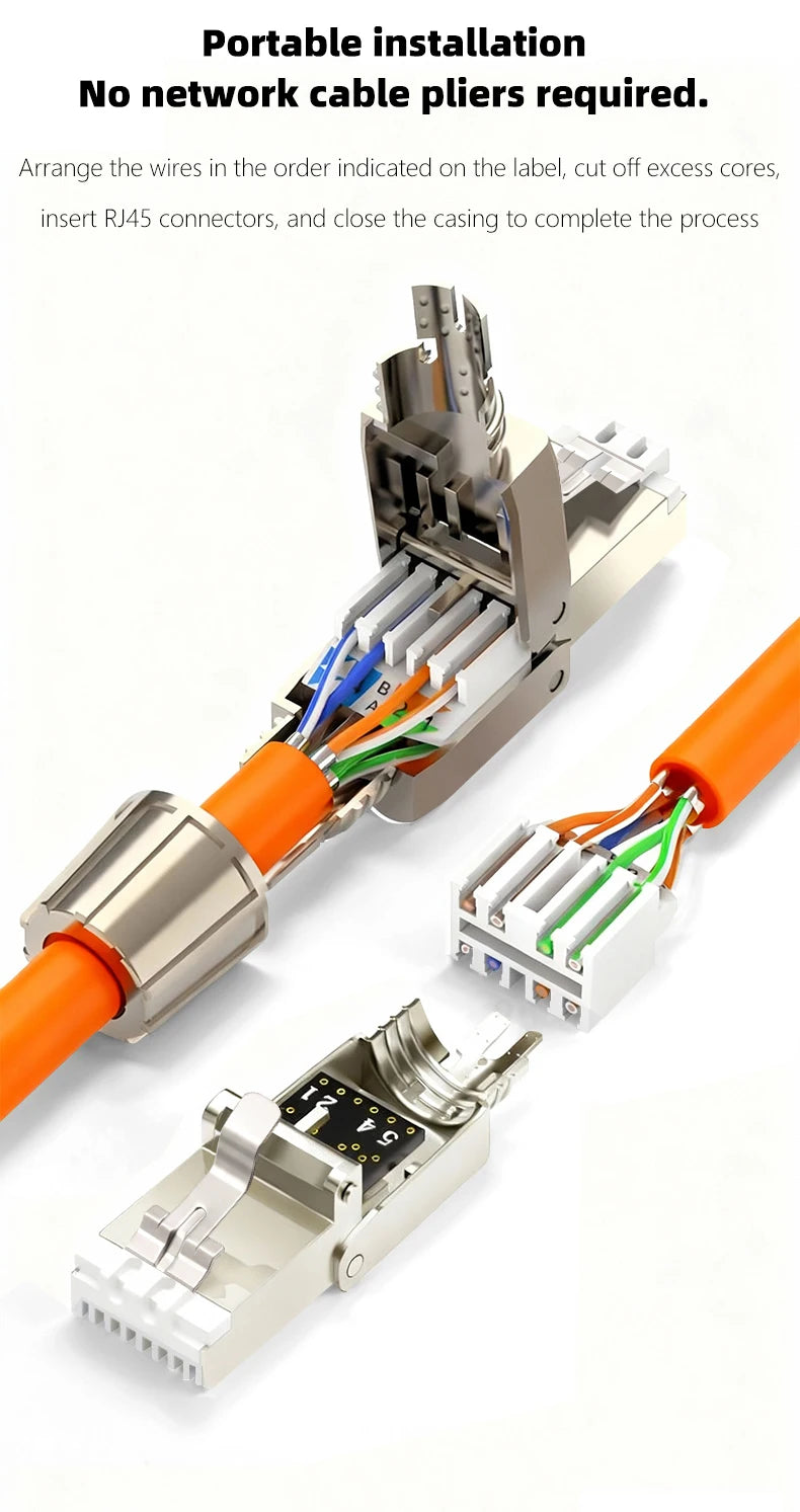 Reusable Toolless RJ45 Connector Cat7 FTP Shielded Metal Plug 22AWG 24AWG 26AWG 10Gbps High Speed Ethernet Terminator