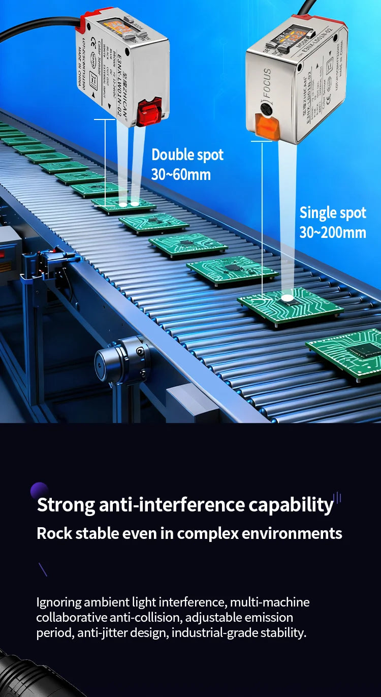 ZHICAN E3NX-L Color Mark Sensor 30-200mm Adjustable Sensing Distance High Precision Registration Detection Label Positioning