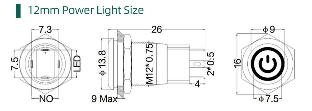 12/16mm Flat LED Illuminated Reset Latching Ring LED Metal Push Button Switch Waterproof On Off with Power Symbol