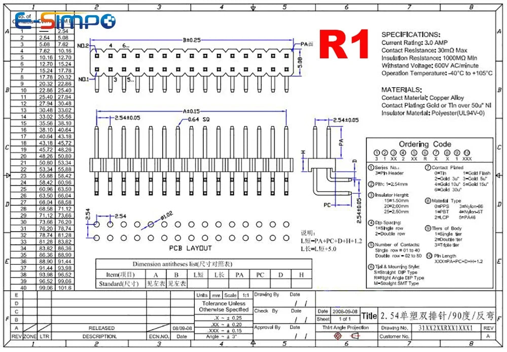 10pc 2.54mm 2x40P Right Angle RA 90D Double Row Rohs Reflow Gold Cuttabl Long PA=3/6/9/12mm PCB Jumper Male Pin Header Connector