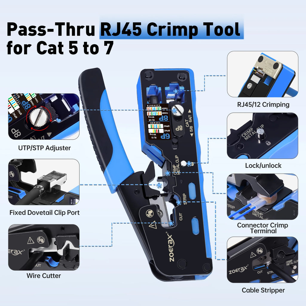 ZoeRax 9 in 1 RJ45 Crimper Tool Kit with Wire Tester/Tracker,Crimping Tool,CAT6 Connector,Cover,Punch Down Tool,Stripper,Cutter