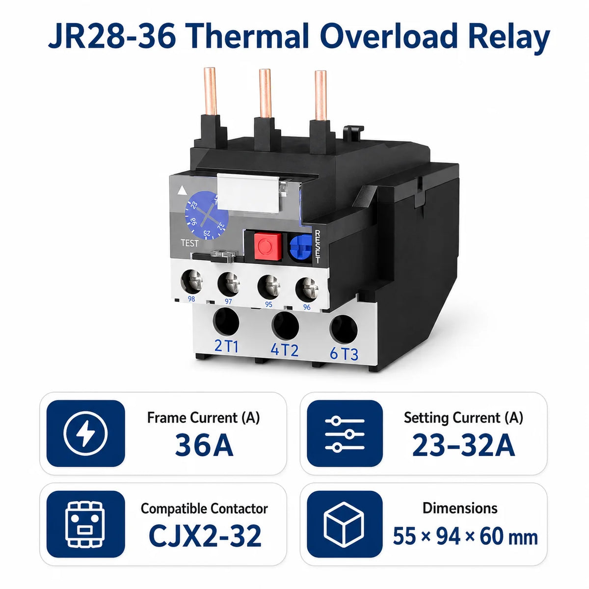 JR28 Series Thermal Overload Relay 25A 36A  Adjustable Current Motor Protection Electrical Overload Protector for AC Contactor