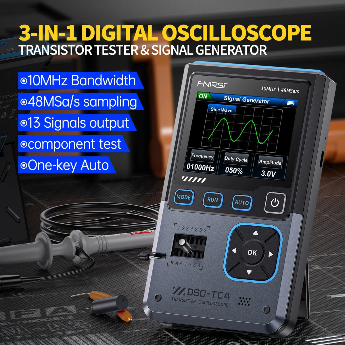 FNIRSI DSO-TC4 Digital Oscilloscope 10MHz 48Ms/s Transistor Zener Diode Tester Electronics Component Meter 13 Signals Output