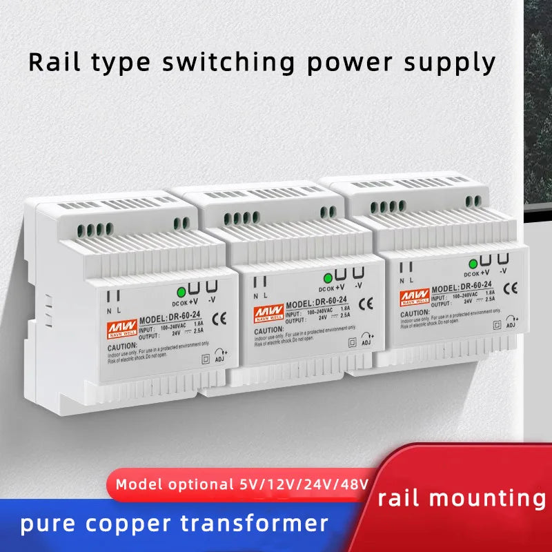 DR-60W Output 5V 12V 15V24V DIN Rail Switching Power Supply 24V DC 220V to 12V Transformer 5V Module Power Supply Box