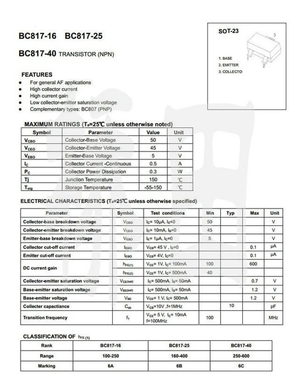100PCS BC817-40 6C NPN SOT-23 0.1A/45V SMD Chip Transistor