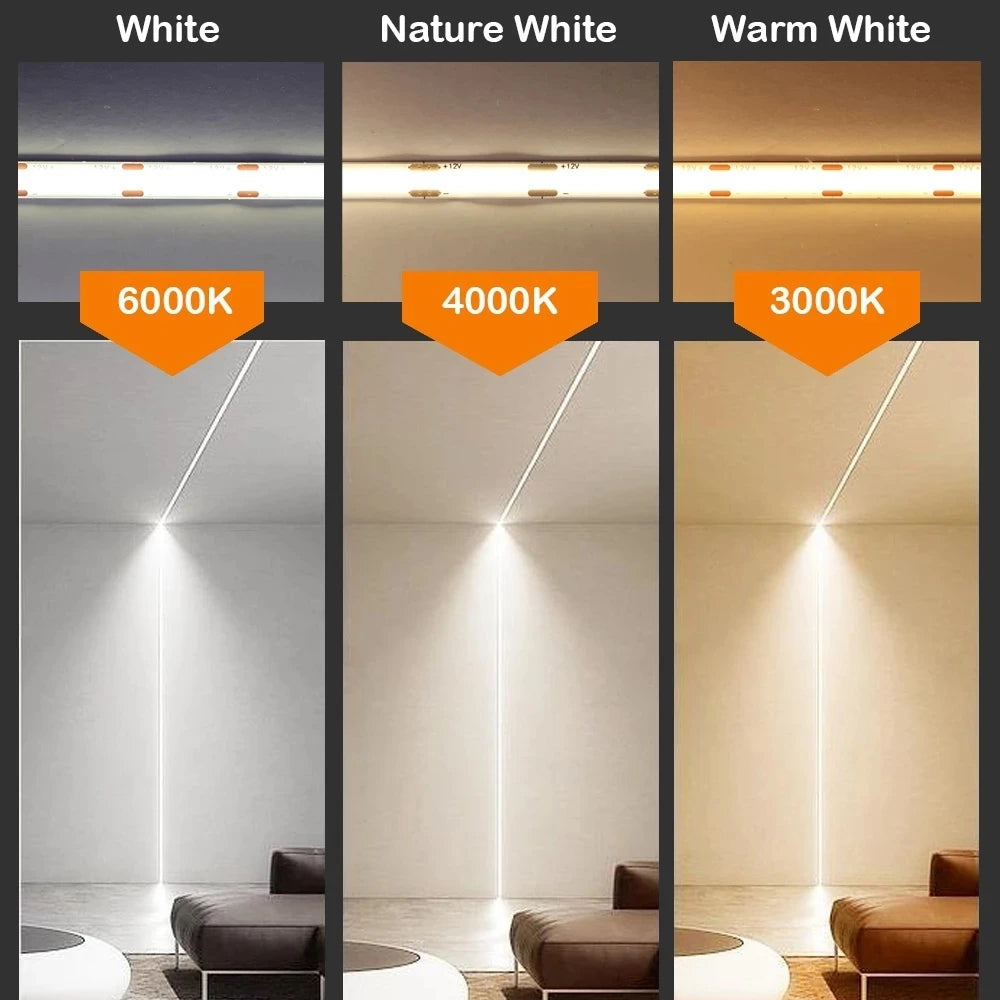 COB LED Strip Light High Density Linear Lighting 480/528Leds/m Flexible Tape Red Blue Green Warm Natural White Decor DC12 24V